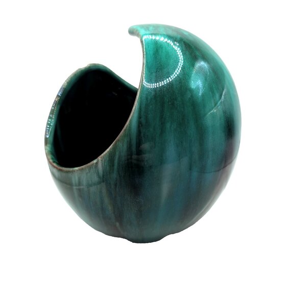 Vtg Blue Mountain Pottery Crescent Vase 6.25x5.5" Teal/Black Drip Glaze No Mark - Picture 3 of 8